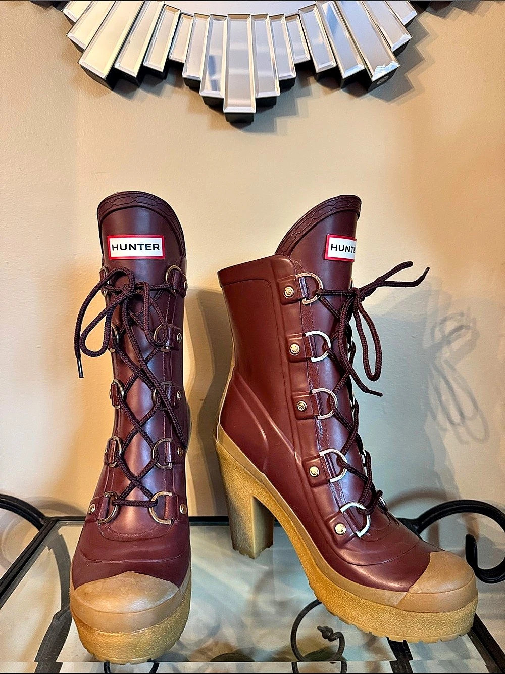 Hunter Gabby Lace-Up High Heel Rain Boots Burgundy US 7